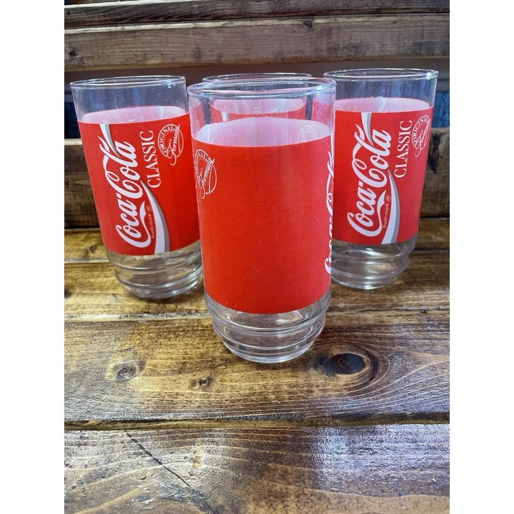 Coca-Cola Classic Glass Drinking Cup W/Red Labe Set Of‎ 4